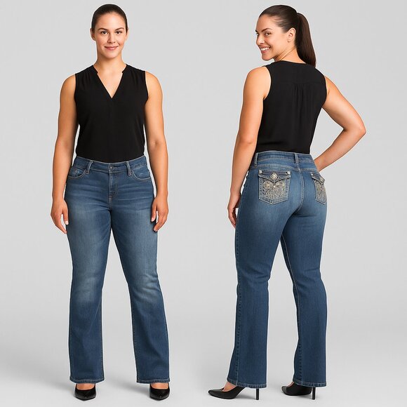 EARL JEAN ⚜️ Slim Boot Jeans Sz 14 💎 Rhinestone Fleur Back Pocket Embellish - Picture 1 of 16